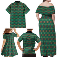 Sacred Heart Jesus Christmas Family Matching Off Shoulder Maxi Dress and Hawaiian Shirt with Festive Green Knit Pattern - Wonder Print Shop