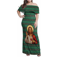 Sacred Heart Jesus Christmas Family Matching Off Shoulder Maxi Dress and Hawaiian Shirt with Festive Green Knit Pattern - Wonder Print Shop