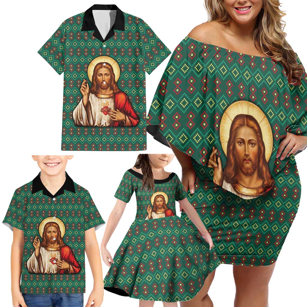 Sacred Heart Jesus Christmas Family Matching Off Shoulder Short Dress and Hawaiian Shirt with Festive Green Knit Pattern - Wonder Print Shop