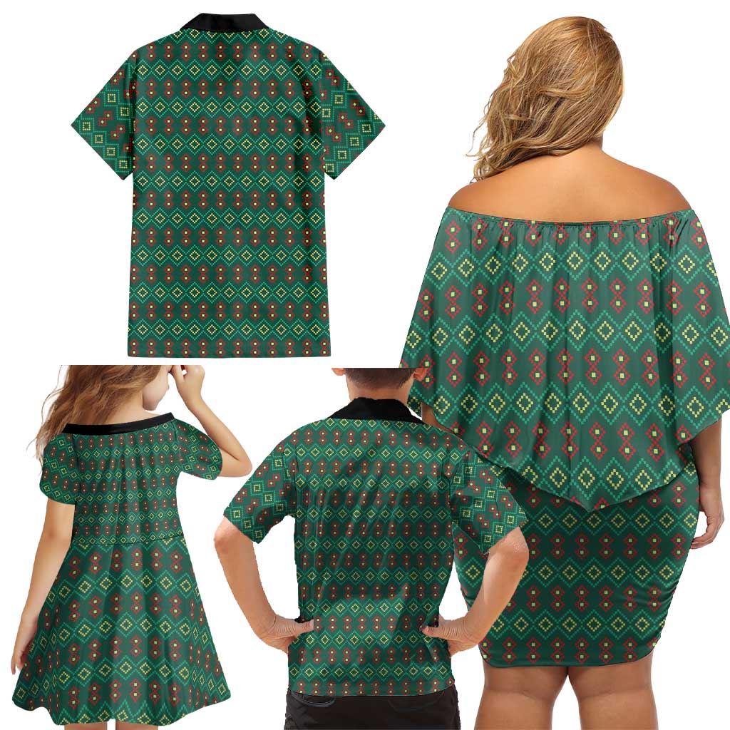Sacred Heart Jesus Christmas Family Matching Off Shoulder Short Dress and Hawaiian Shirt with Festive Green Knit Pattern - Wonder Print Shop