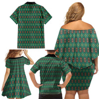 Sacred Heart Jesus Christmas Family Matching Off Shoulder Short Dress and Hawaiian Shirt with Festive Green Knit Pattern - Wonder Print Shop