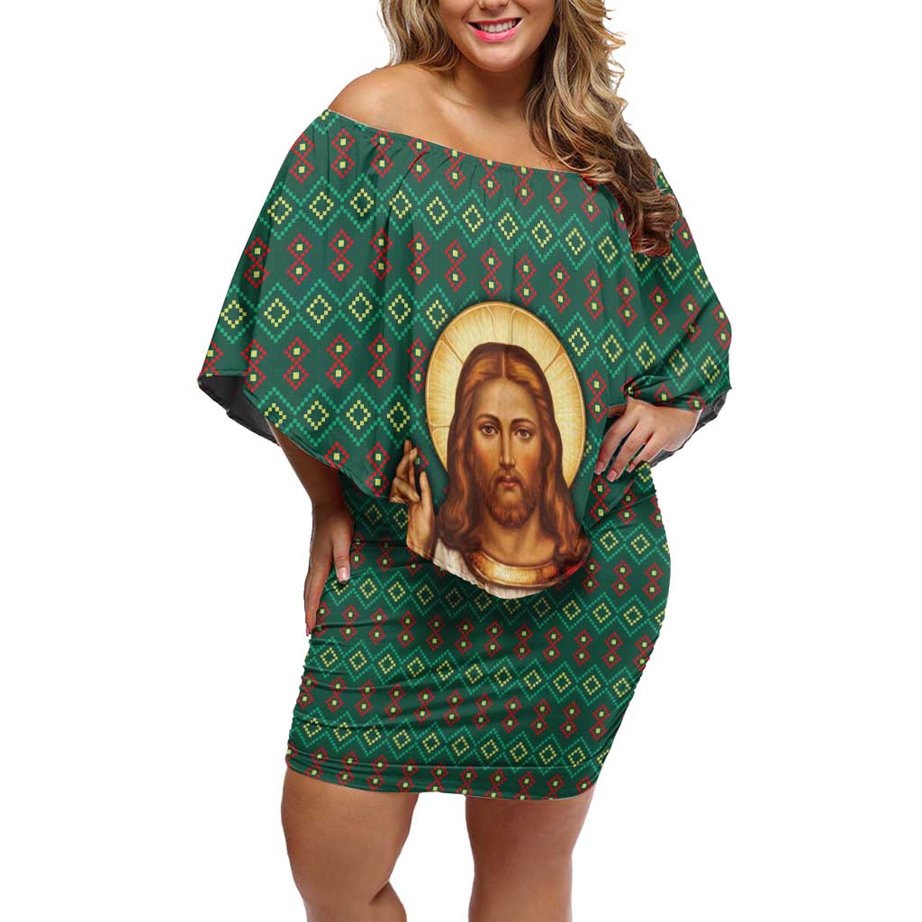 Sacred Heart Jesus Christmas Family Matching Off Shoulder Short Dress and Hawaiian Shirt with Festive Green Knit Pattern - Wonder Print Shop