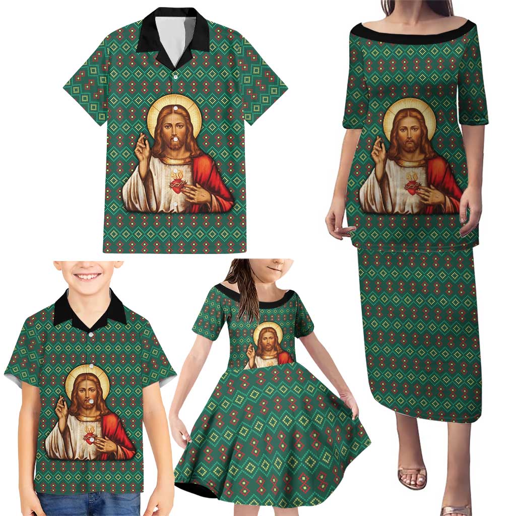 Sacred Heart Jesus Christmas Family Matching Puletasi and Hawaiian Shirt with Festive Green Knit Pattern - Wonder Print Shop