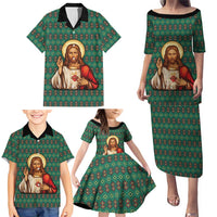Sacred Heart Jesus Christmas Family Matching Puletasi and Hawaiian Shirt with Festive Green Knit Pattern - Wonder Print Shop