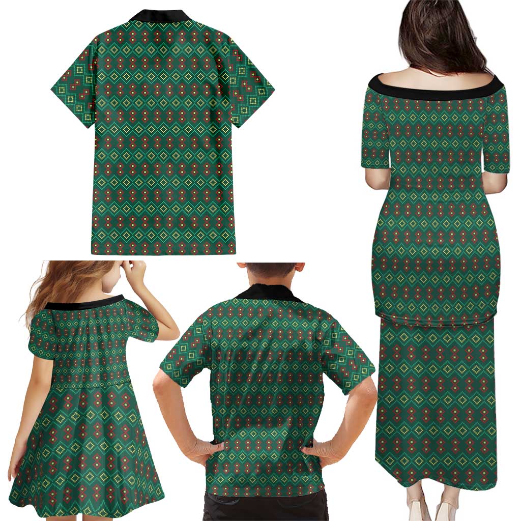 Sacred Heart Jesus Christmas Family Matching Puletasi and Hawaiian Shirt with Festive Green Knit Pattern - Wonder Print Shop