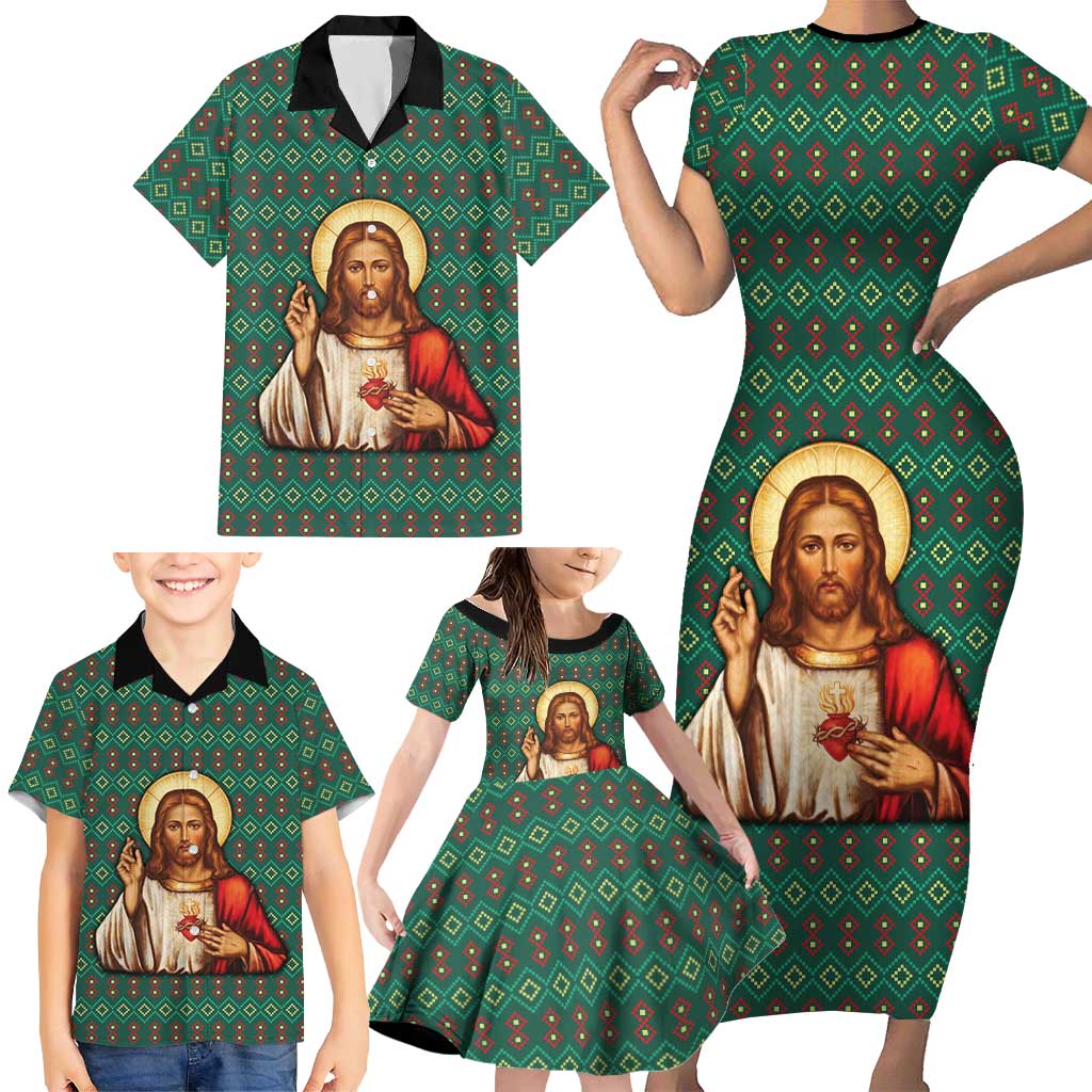 Sacred Heart Jesus Christmas Family Matching Short Sleeve Bodycon Dress and Hawaiian Shirt with Festive Green Knit Pattern - Wonder Print Shop