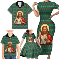 Sacred Heart Jesus Christmas Family Matching Short Sleeve Bodycon Dress and Hawaiian Shirt with Festive Green Knit Pattern - Wonder Print Shop