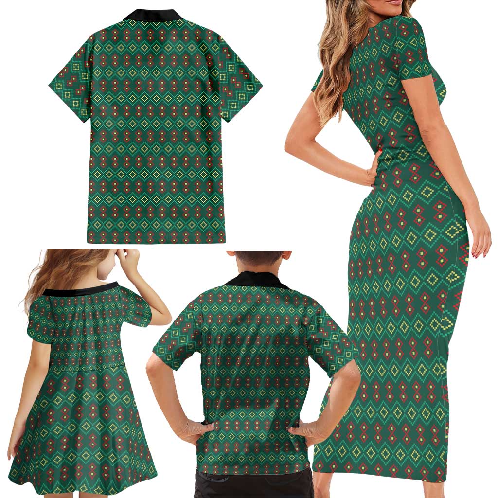 Sacred Heart Jesus Christmas Family Matching Short Sleeve Bodycon Dress and Hawaiian Shirt with Festive Green Knit Pattern - Wonder Print Shop
