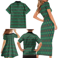Sacred Heart Jesus Christmas Family Matching Short Sleeve Bodycon Dress and Hawaiian Shirt with Festive Green Knit Pattern - Wonder Print Shop