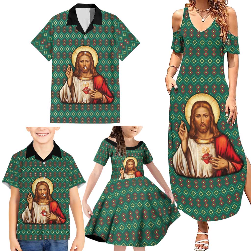Sacred Heart Jesus Christmas Family Matching Summer Maxi Dress and Hawaiian Shirt with Festive Green Knit Pattern - Wonder Print Shop
