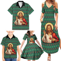 Sacred Heart Jesus Christmas Family Matching Summer Maxi Dress and Hawaiian Shirt with Festive Green Knit Pattern - Wonder Print Shop