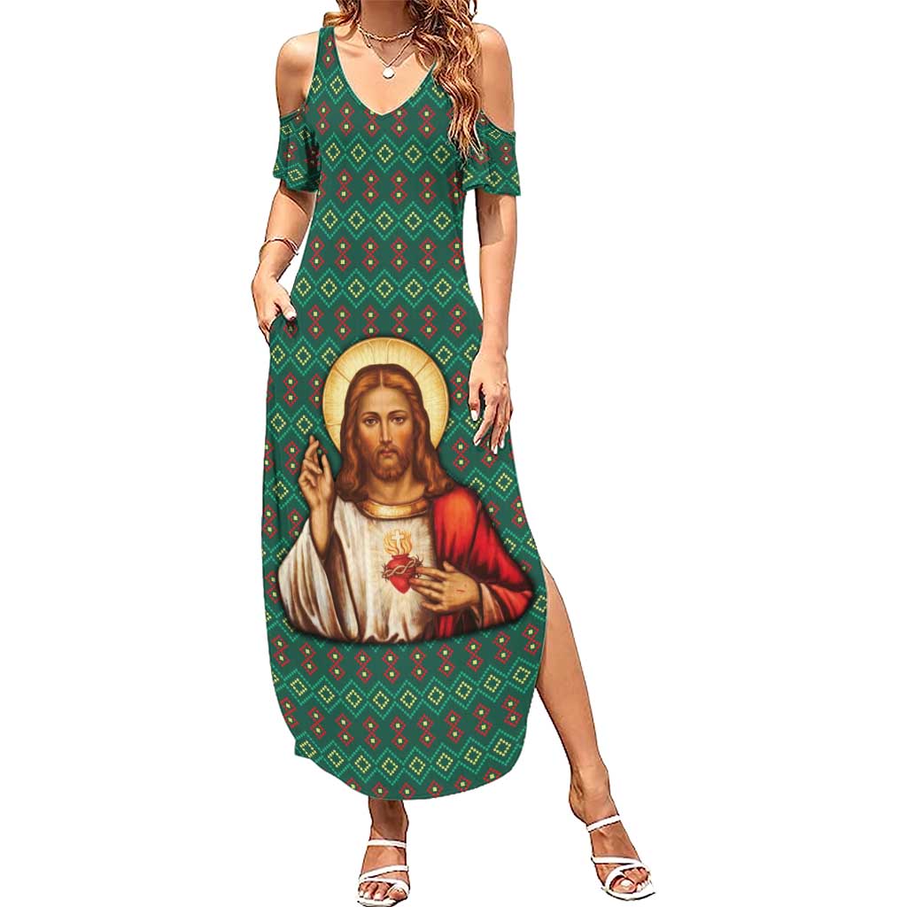 Sacred Heart Jesus Christmas Family Matching Summer Maxi Dress and Hawaiian Shirt with Festive Green Knit Pattern - Wonder Print Shop