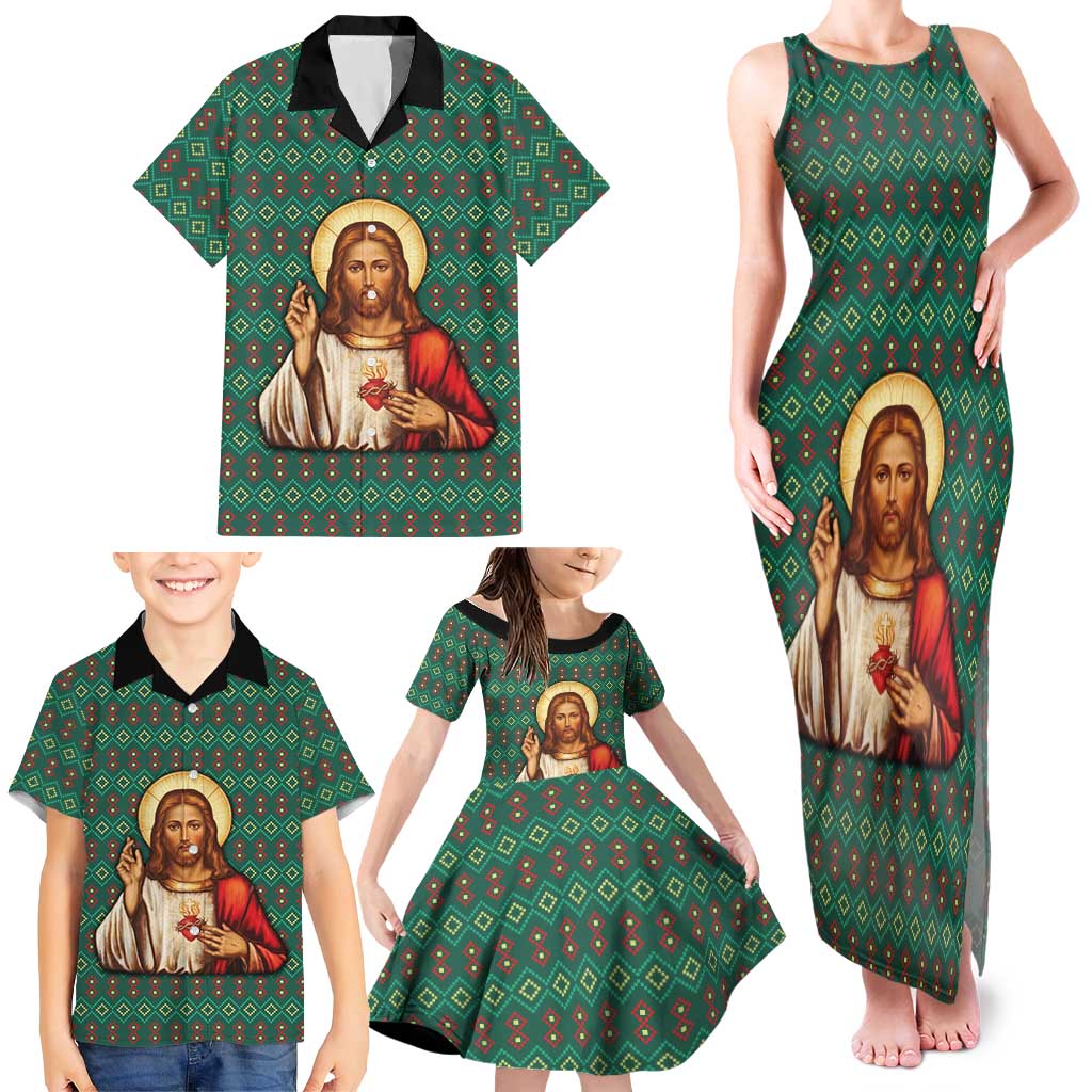Sacred Heart Jesus Christmas Family Matching Tank Maxi Dress and Hawaiian Shirt with Festive Green Knit Pattern - Wonder Print Shop