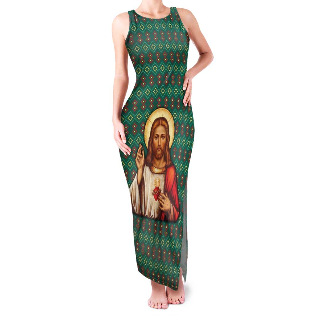 Sacred Heart Jesus Christmas Family Matching Tank Maxi Dress and Hawaiian Shirt with Festive Green Knit Pattern - Wonder Print Shop