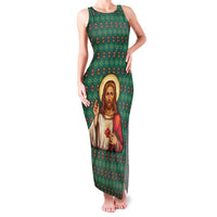 Sacred Heart Jesus Christmas Family Matching Tank Maxi Dress and Hawaiian Shirt with Festive Green Knit Pattern - Wonder Print Shop