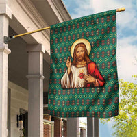 Sacred Heart Jesus Christmas Garden Flag with Festive Green Knit Pattern - Wonder Print Shop