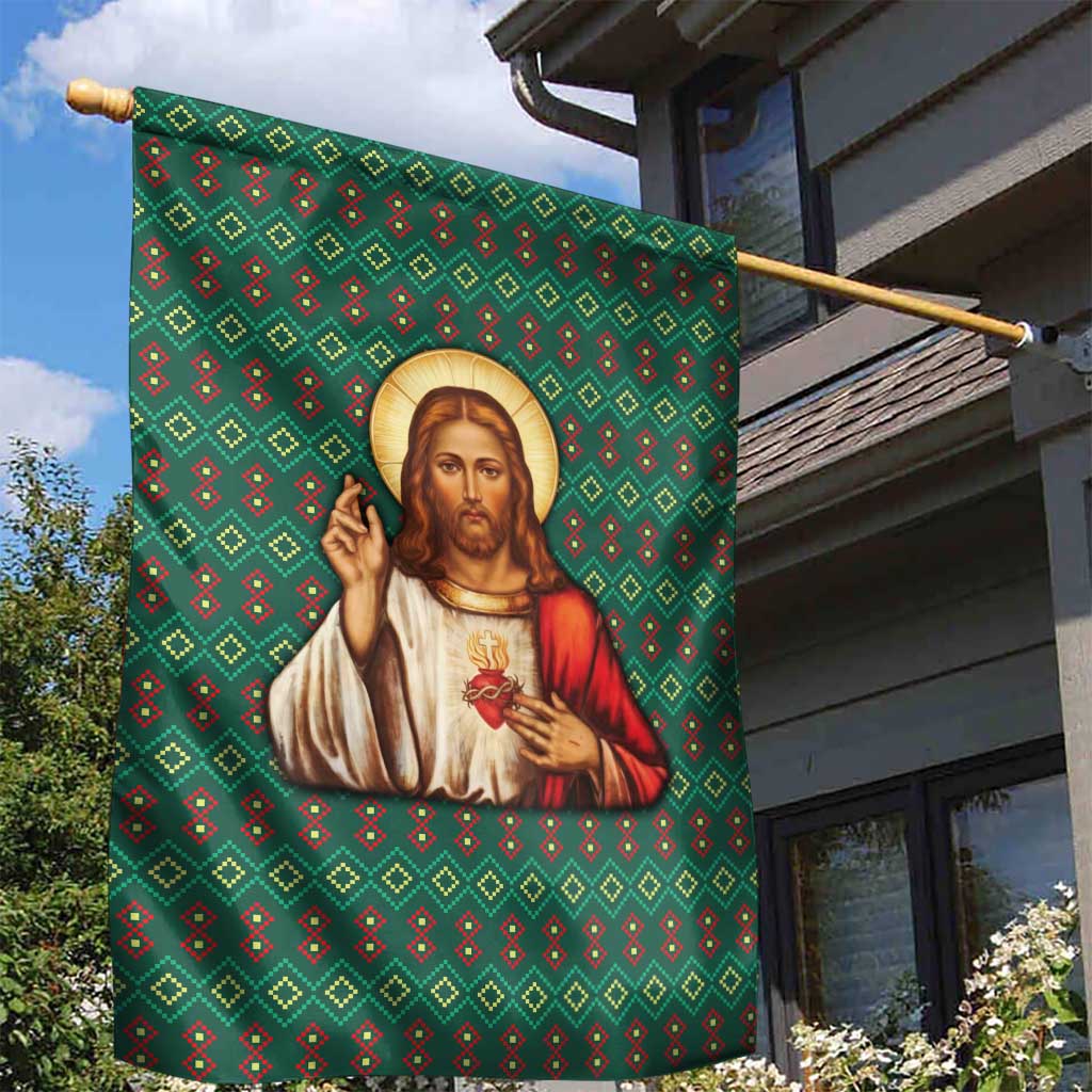 Sacred Heart Jesus Christmas Garden Flag with Festive Green Knit Pattern - Wonder Print Shop