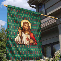 Sacred Heart Jesus Christmas Garden Flag with Festive Green Knit Pattern - Wonder Print Shop