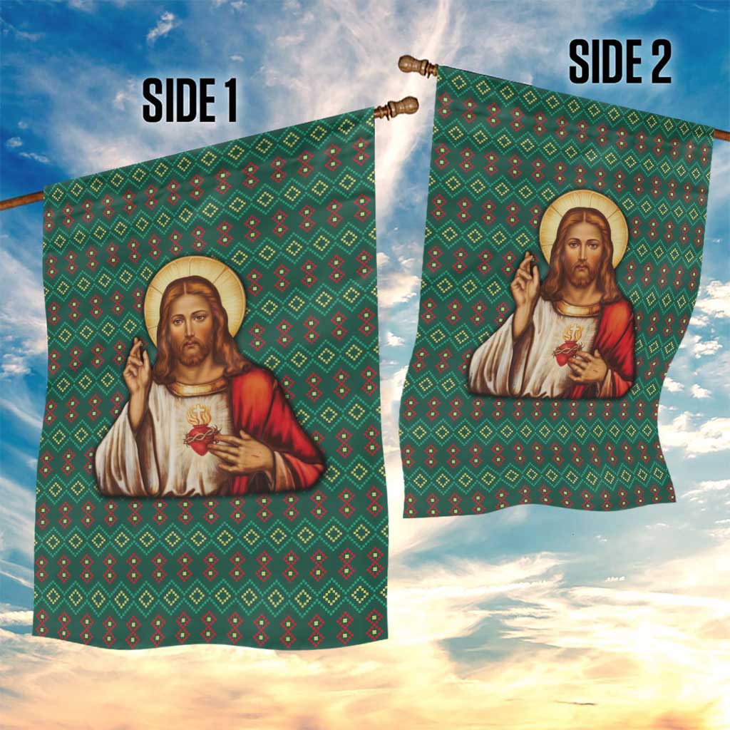 Sacred Heart Jesus Christmas Garden Flag with Festive Green Knit Pattern - Wonder Print Shop