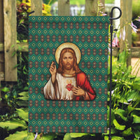 Sacred Heart Jesus Christmas Garden Flag with Festive Green Knit Pattern - Wonder Print Shop