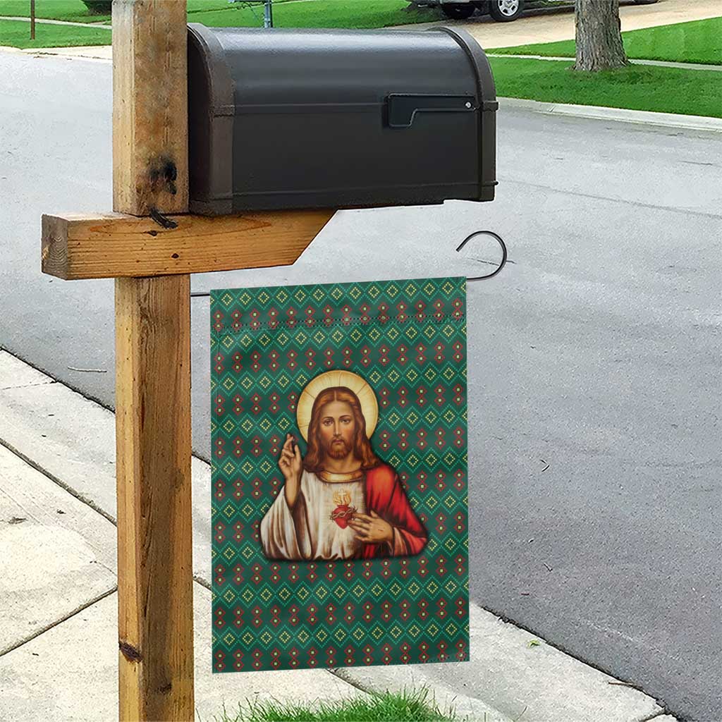 Sacred Heart Jesus Christmas Garden Flag with Festive Green Knit Pattern - Wonder Print Shop