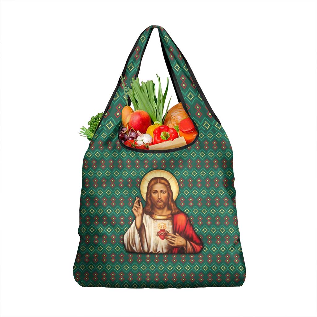 Sacred Heart Jesus Christmas Grocery Bag with Festive Green Knit Pattern - Wonder Print Shop