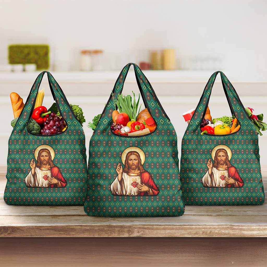 Sacred Heart Jesus Christmas Grocery Bag with Festive Green Knit Pattern - Wonder Print Shop