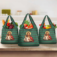 Sacred Heart Jesus Christmas Grocery Bag with Festive Green Knit Pattern - Wonder Print Shop