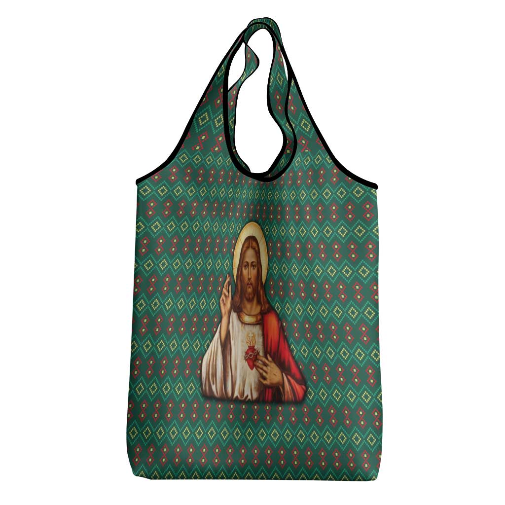 Sacred Heart Jesus Christmas Grocery Bag with Festive Green Knit Pattern - Wonder Print Shop