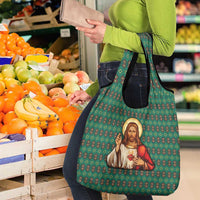 Sacred Heart Jesus Christmas Grocery Bag with Festive Green Knit Pattern - Wonder Print Shop