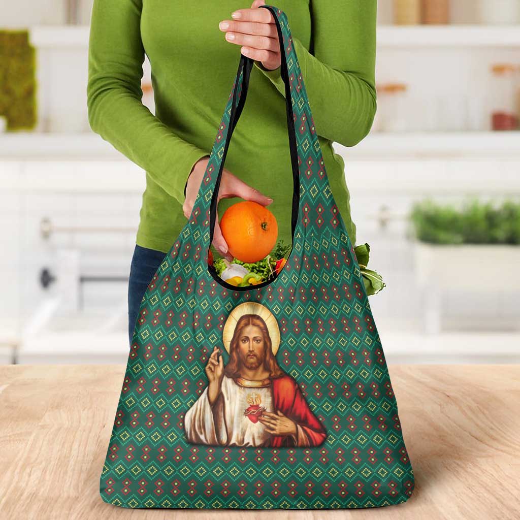 Sacred Heart Jesus Christmas Grocery Bag with Festive Green Knit Pattern - Wonder Print Shop