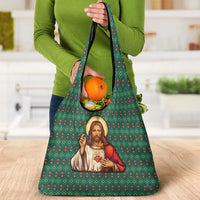 Sacred Heart Jesus Christmas Grocery Bag with Festive Green Knit Pattern - Wonder Print Shop