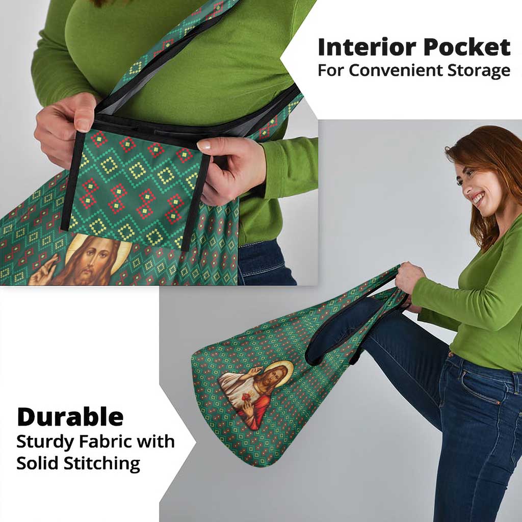 Sacred Heart Jesus Christmas Grocery Bag with Festive Green Knit Pattern - Wonder Print Shop