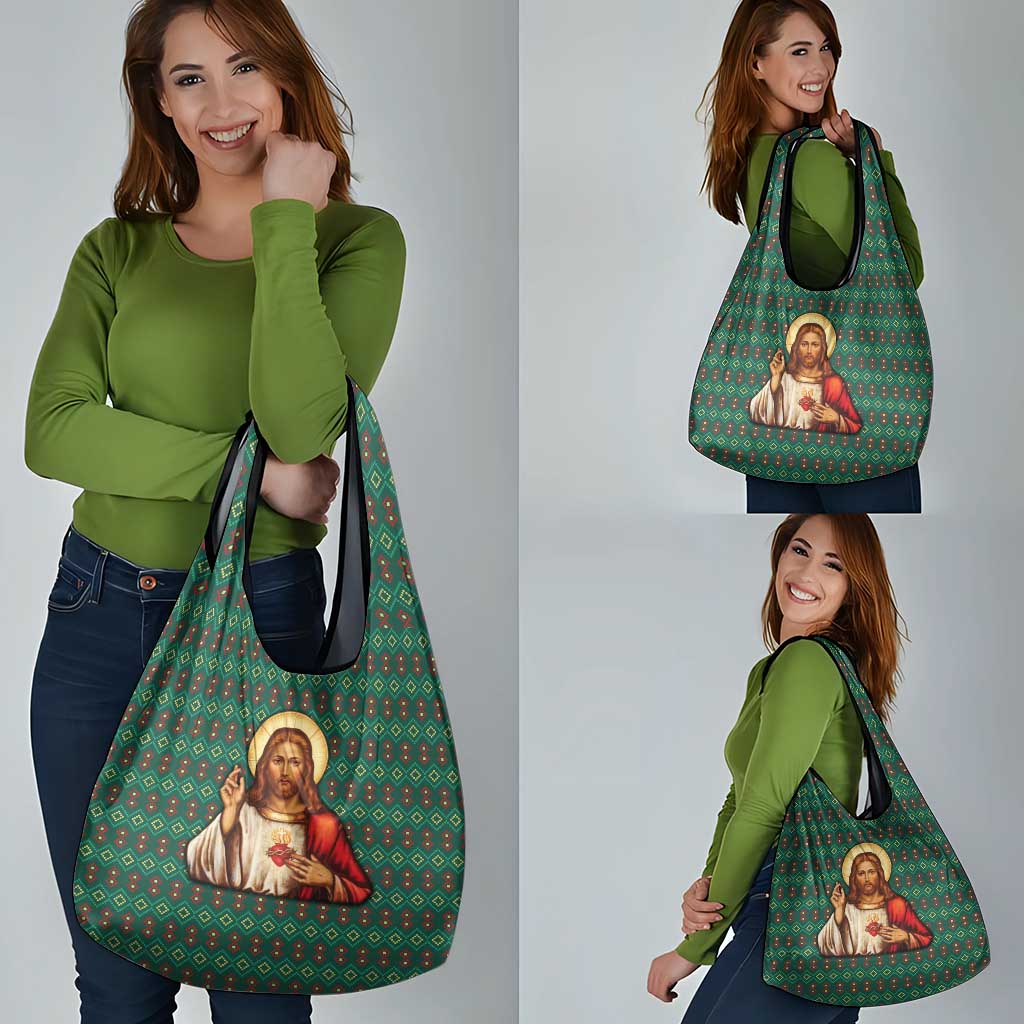 Sacred Heart Jesus Christmas Grocery Bag with Festive Green Knit Pattern - Wonder Print Shop