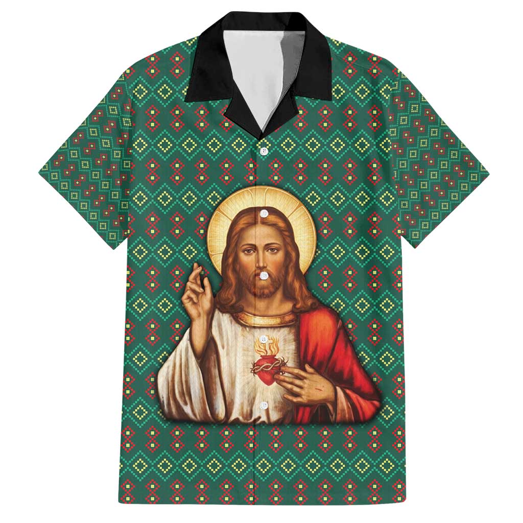 Sacred Heart Jesus Christmas Hawaiian Shirt with Festive Green Knit Pattern - Wonder Print Shop