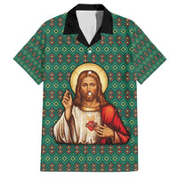 Sacred Heart Jesus Christmas Hawaiian Shirt with Festive Green Knit Pattern - Wonder Print Shop