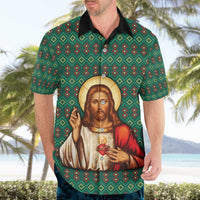 Sacred Heart Jesus Christmas Hawaiian Shirt with Festive Green Knit Pattern - Wonder Print Shop