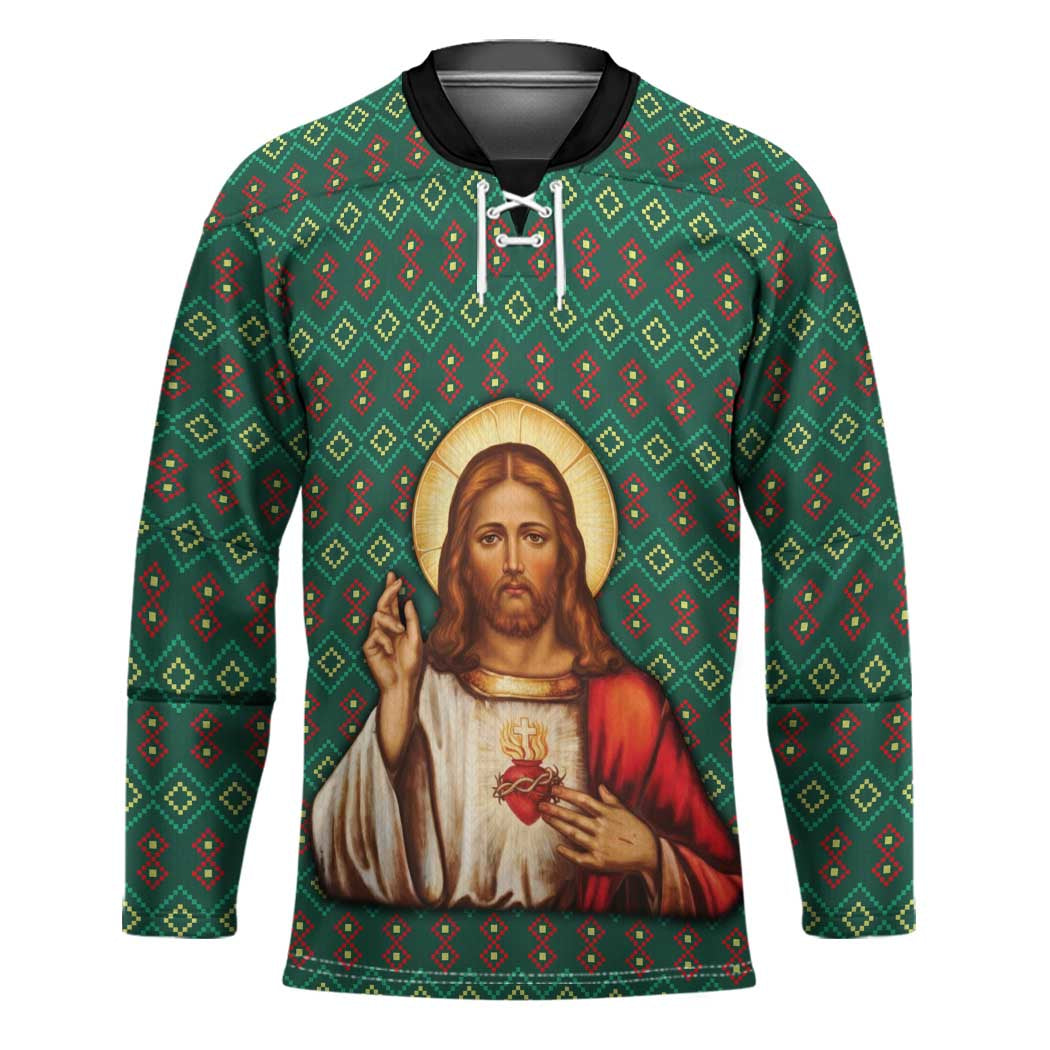 Sacred Heart Jesus Christmas Hockey Jersey with Festive Green Knit Pattern - Wonder Print Shop