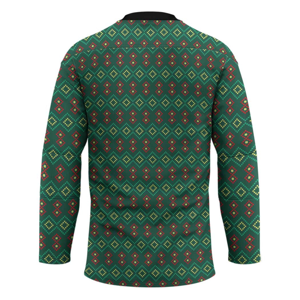 Sacred Heart Jesus Christmas Hockey Jersey with Festive Green Knit Pattern - Wonder Print Shop