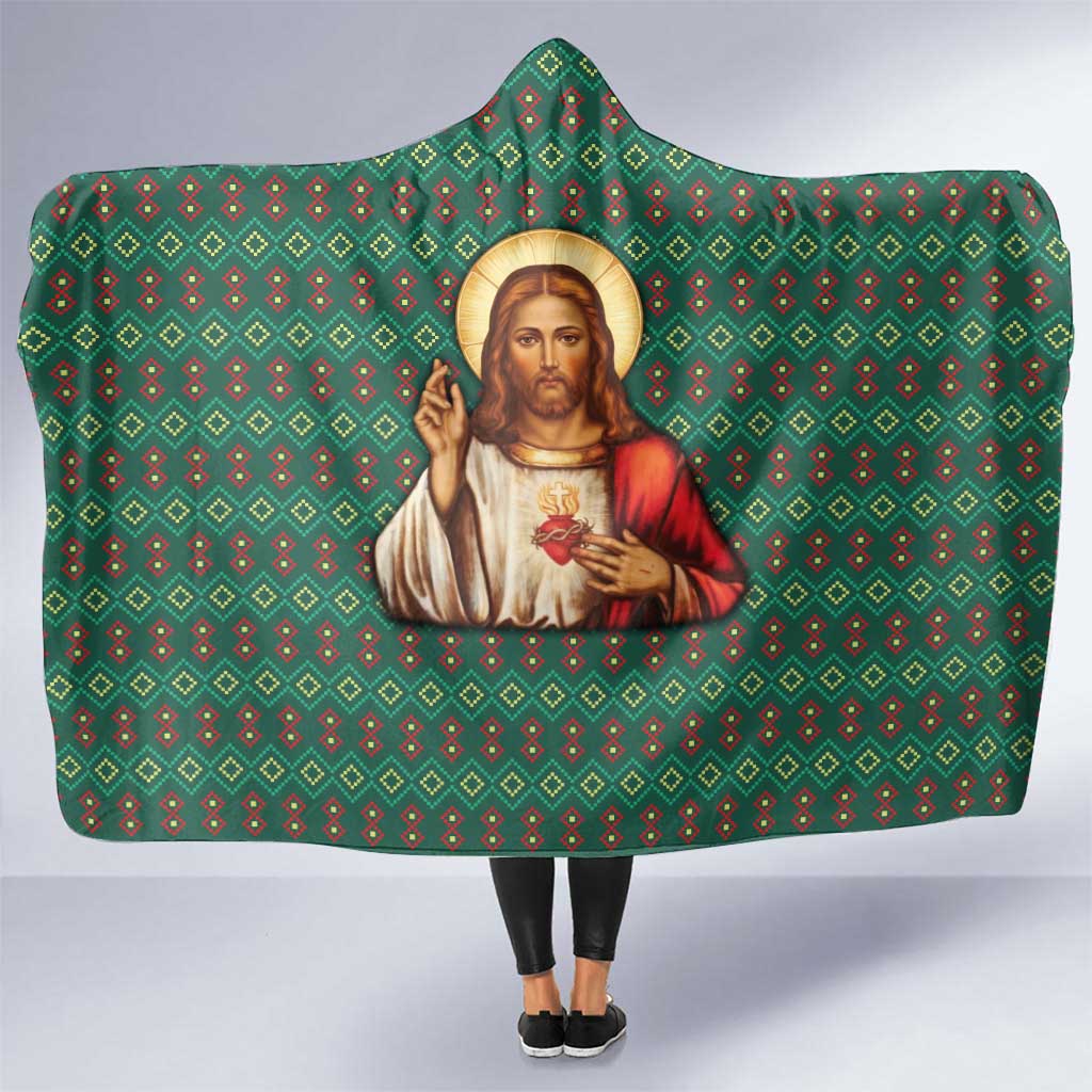 Sacred Heart Jesus Christmas Hooded Blanket with Festive Green Knit Pattern - Wonder Print Shop