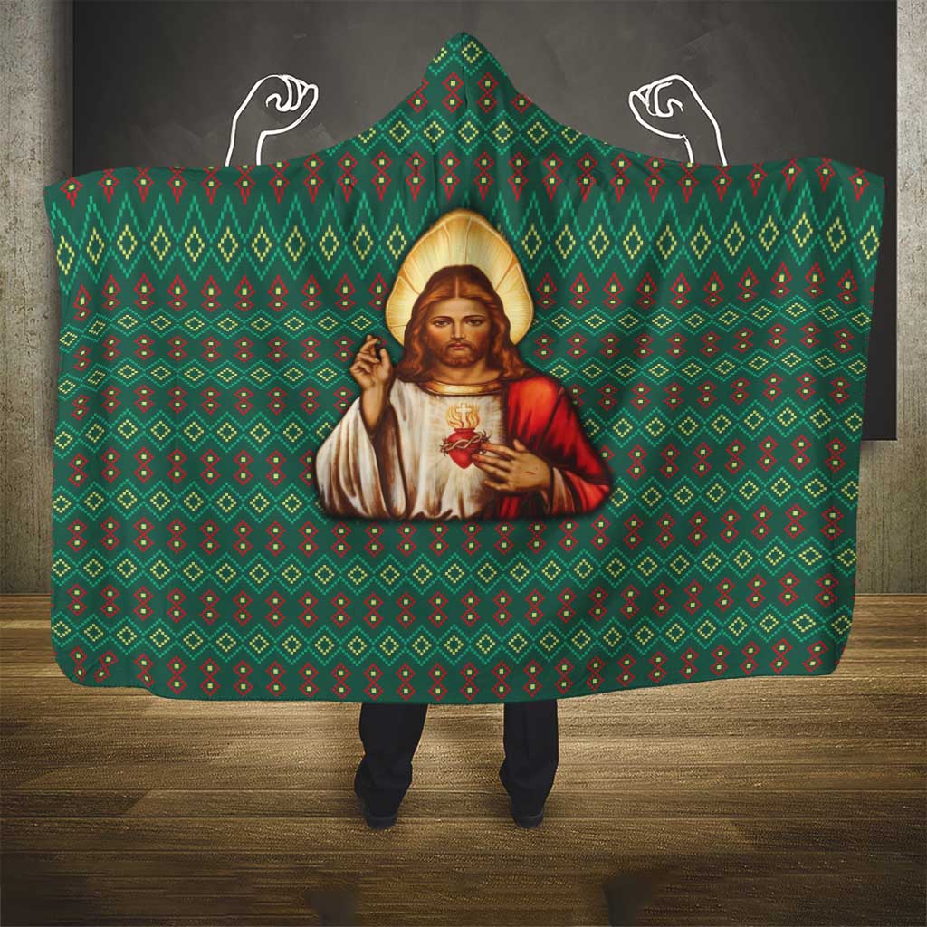 Sacred Heart Jesus Christmas Hooded Blanket with Festive Green Knit Pattern - Wonder Print Shop