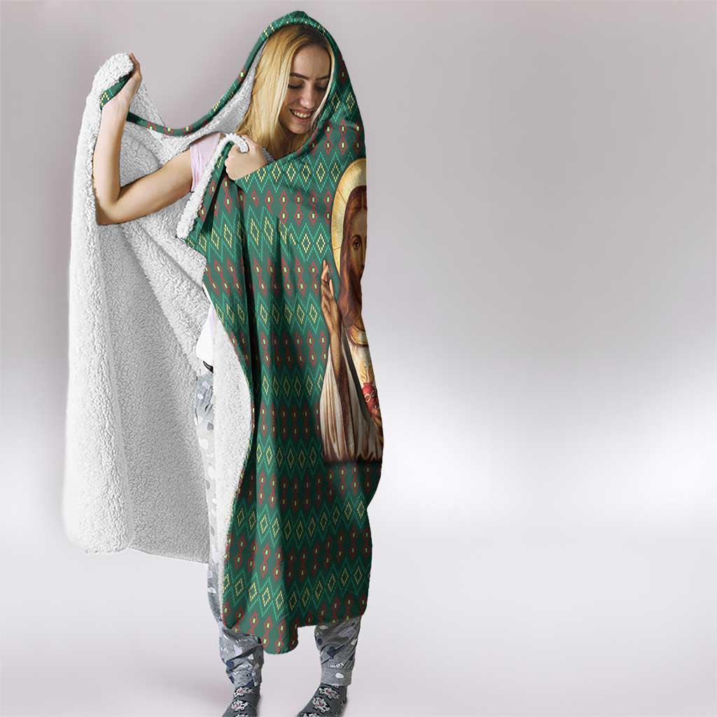 Sacred Heart Jesus Christmas Hooded Blanket with Festive Green Knit Pattern - Wonder Print Shop