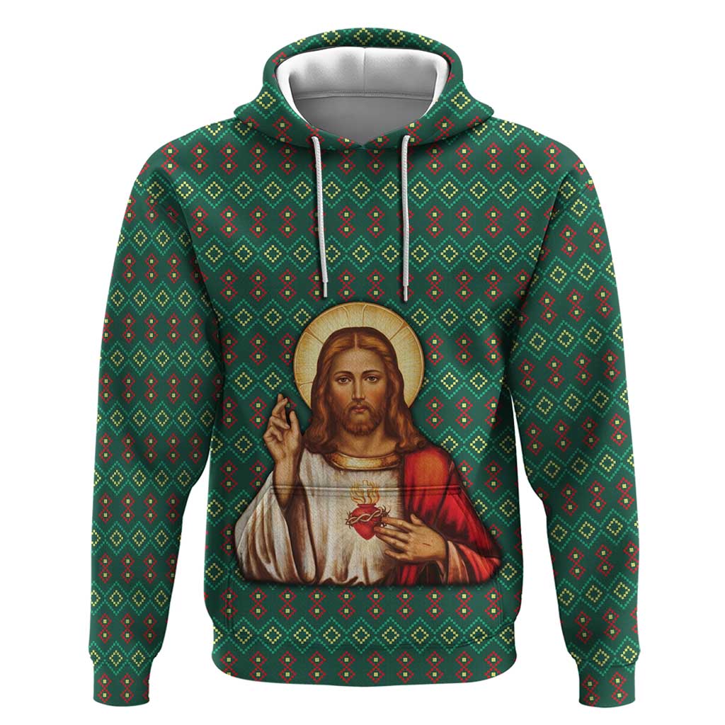 Sacred Heart Jesus Christmas Hoodie with Festive Green Knit Pattern - Wonder Print Shop
