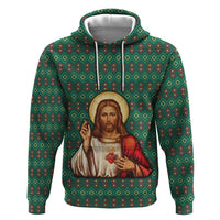 Sacred Heart Jesus Christmas Hoodie with Festive Green Knit Pattern - Wonder Print Shop