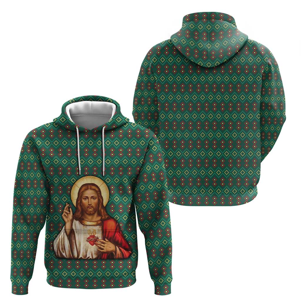 Sacred Heart Jesus Christmas Hoodie with Festive Green Knit Pattern - Wonder Print Shop