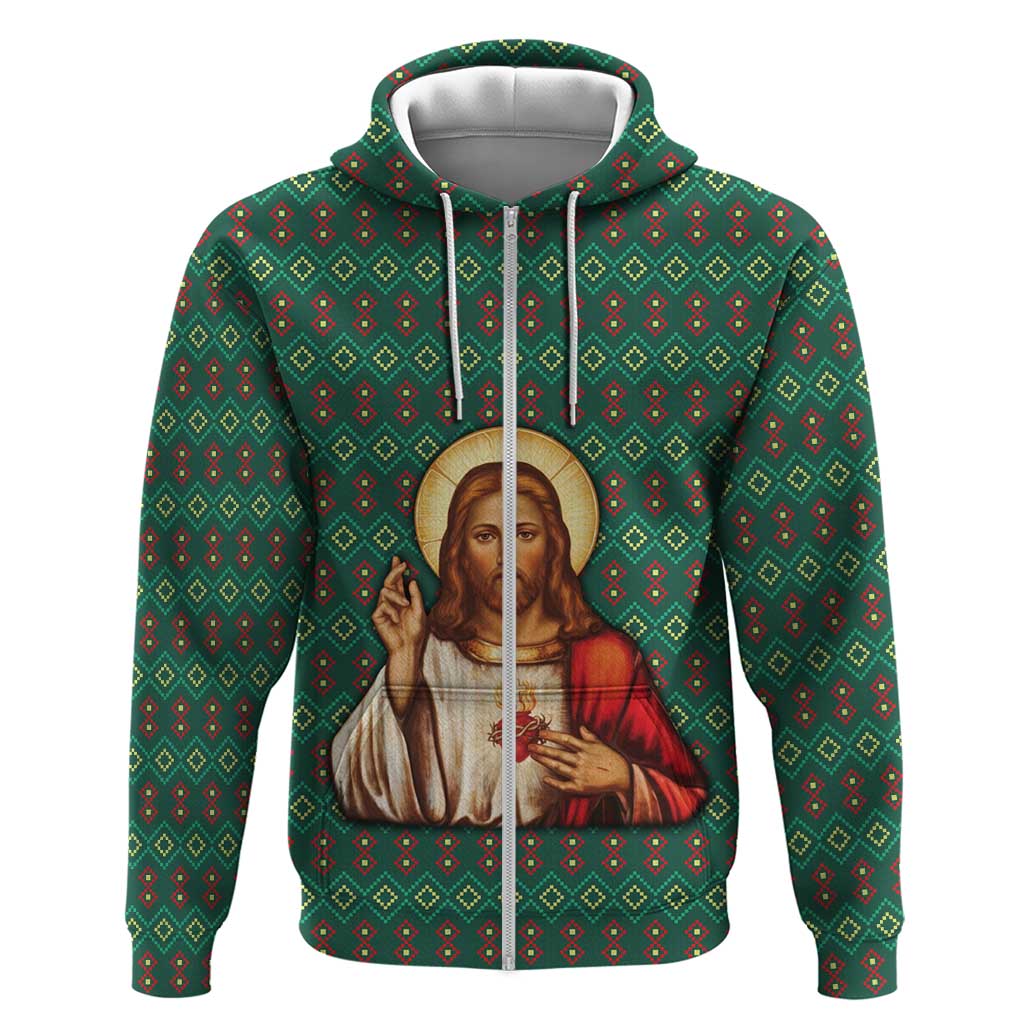 Sacred Heart Jesus Christmas Hoodie with Festive Green Knit Pattern - Wonder Print Shop