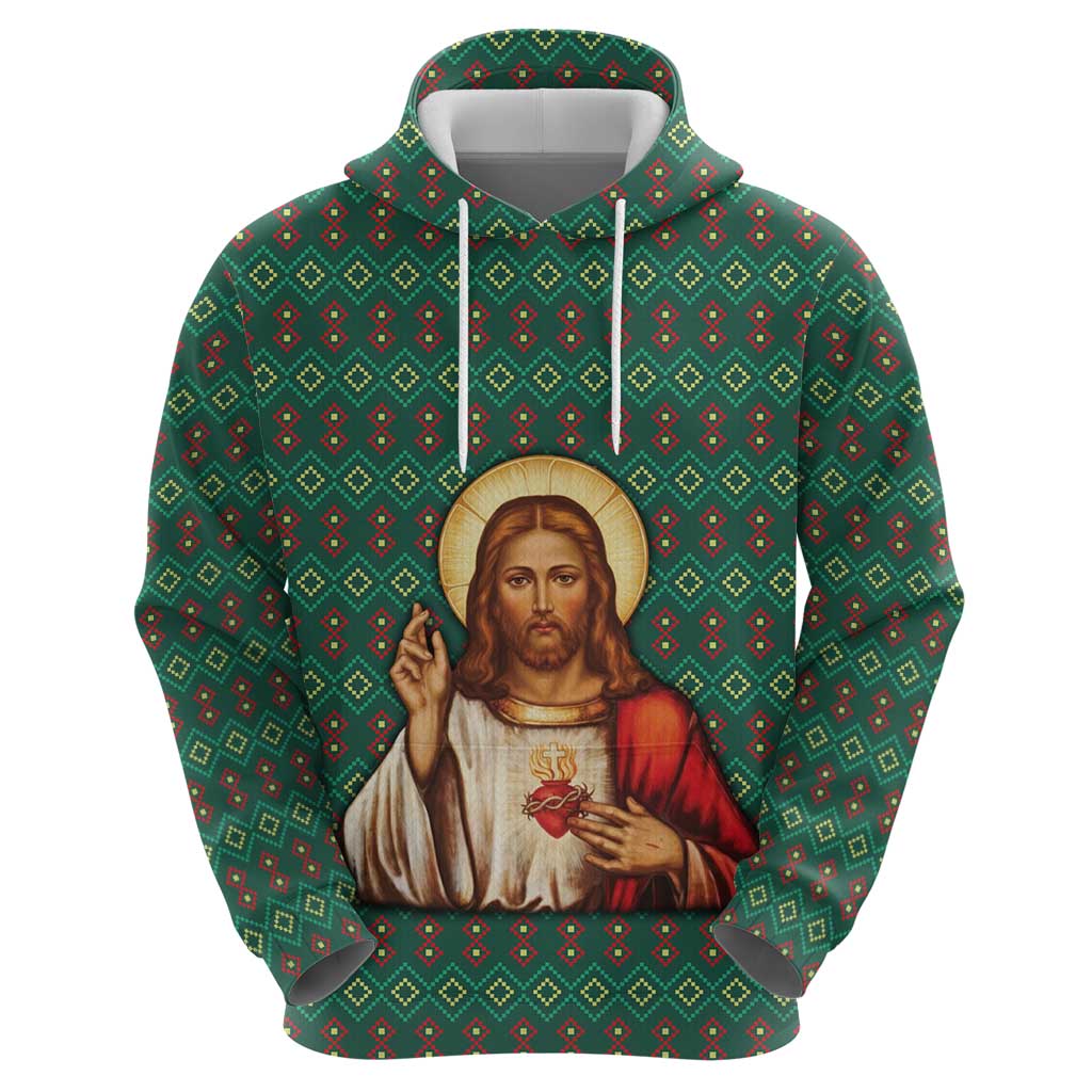 Sacred Heart Jesus Christmas Hoodie with Festive Green Knit Pattern - Wonder Print Shop