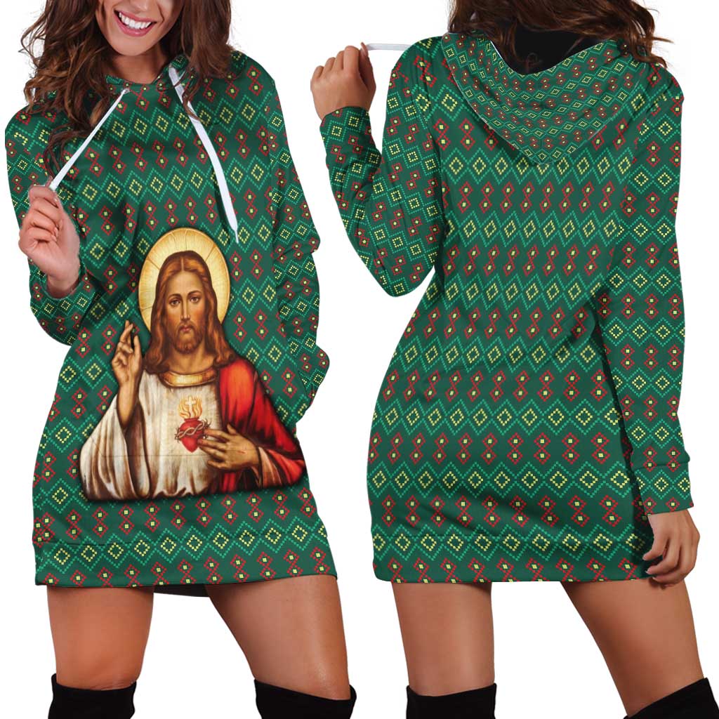 Sacred Heart Jesus Christmas Hoodie Dress with Festive Green Knit Pattern - Wonder Print Shop