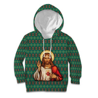 Sacred Heart Jesus Christmas Kid Hoodie with Festive Green Knit Pattern - Wonder Print Shop