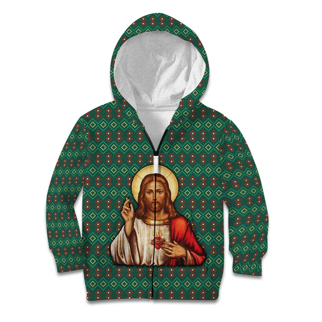 Sacred Heart Jesus Christmas Kid Hoodie with Festive Green Knit Pattern - Wonder Print Shop